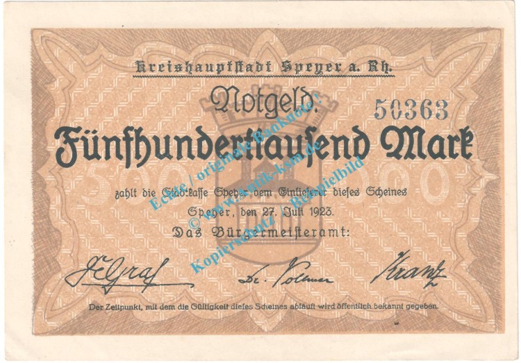Speyer , Notgeld 500.000 Mark Schein in kfr. Keller 4834.c , Pfalz 1923 Grossnotgeld Inflation