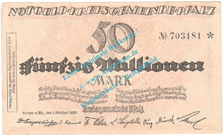 Speyer , Notgeld 50 Millionen Mark Schein in L-gbr. Keller 4286.c , Pfalz 1923 Grossnotgeld Inflation