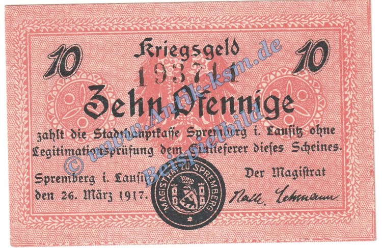 Spremberg , Notgeld 10 Pfennig Schein in kfr. Tieste 7025.15.02 , Brandenburg 1917 Verkehrsausgabe