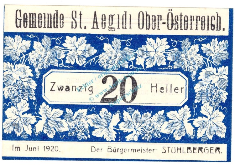 St.Aegidi , Notgeld 20 Heller -Etikett- in kfr. K-K S875.VI.a , Notgeld 1920 Oberösterreich
