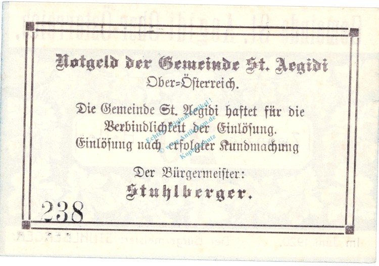 St.Aegidi , Notgeld 20 Heller -Etikett- in kfr. K-K S875.VI.a , Notgeld 1920 Oberösterreich