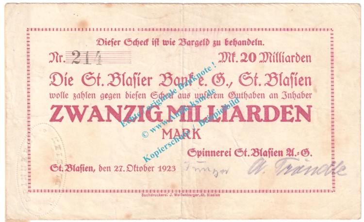 St. Blasien , Notgeld 20 Milliarden Mark Schein in gbr. Keller 4713.a , Baden 1923 Grossnotgeld Inflation