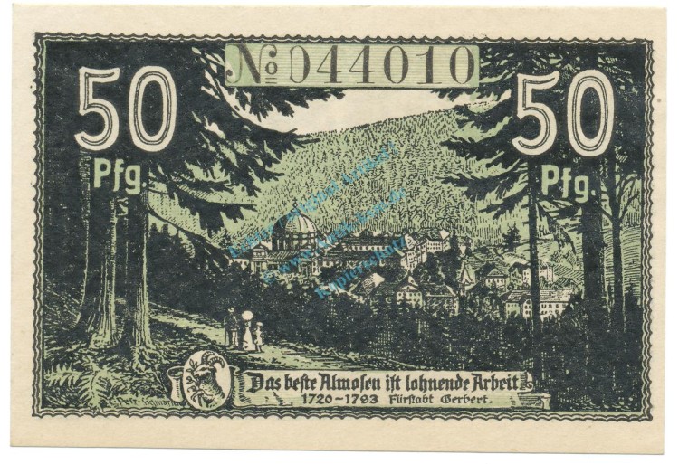 St. Blasien , Notgeld 50 Pfennig Schein unc-kfr. Ti.6405.05.01 BAD 1920 Verkehrsausgabe -0444-