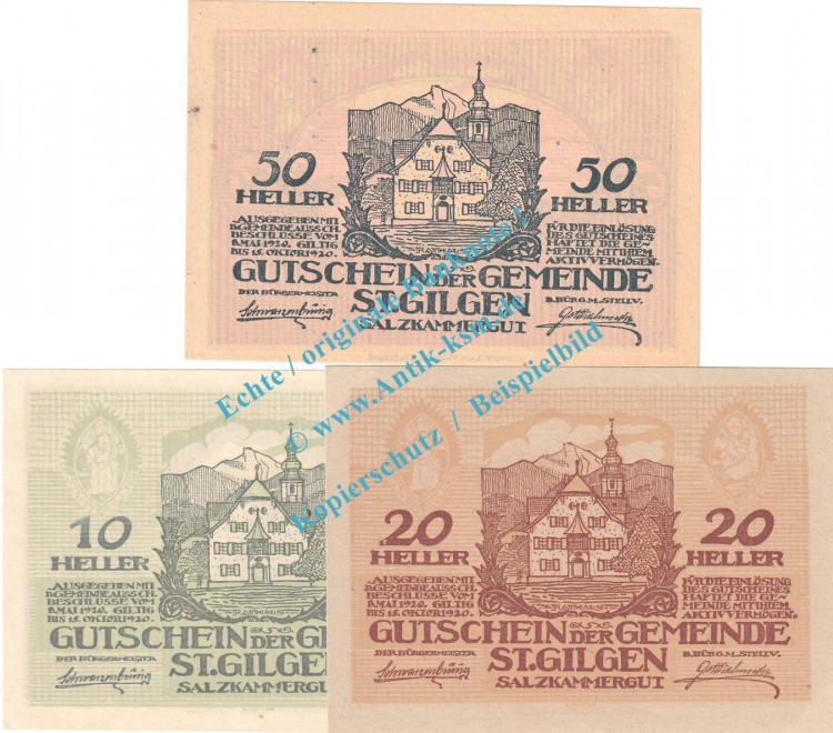 St.Gilgen , Notgeld Set mit 3 Scheinen in kfr. K-K 891.a , Salzburg von 1920
