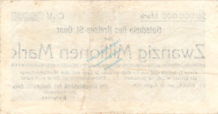 St. Goar , Banknote 20 Millionen Mark Schein in gbr. Keller 4716.c , Rheinland 1923 Inflation