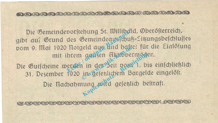St.Willibald , Notgeld 20 Heller -Zierleiste- in kfr. K-K 946.j , Oberösterreich 1920