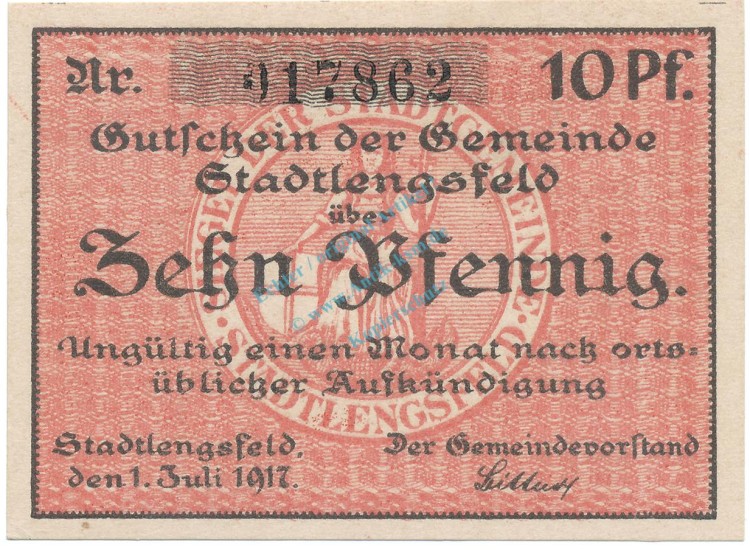 Stadtlengsfeld , Notgeld 10 Pfennig Schein unc-kfr. Ti.7055.05.11 TH 1917 Verkehrsausgabe -4282-