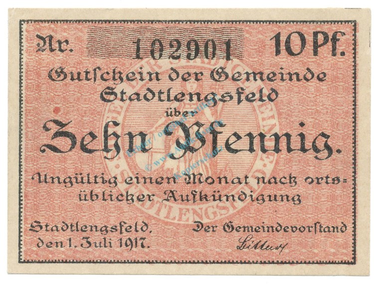 Stadtlengsfeld , Notgeld 10 Pfennig Schein unc-kfr. Ti.7055.05.26 TH 1917 Verkehrsausgabe -4279-