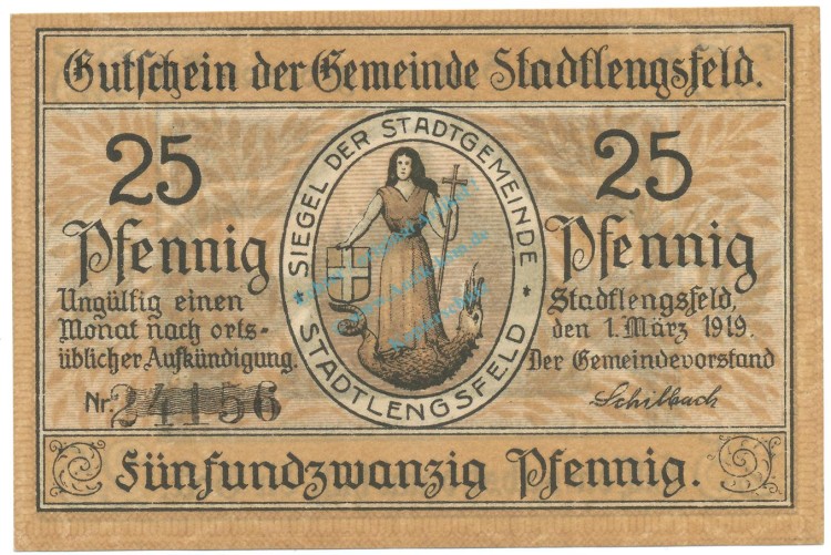 Stadtlengsfeld , Notgeld 25 Pfennig Schein unc-kfr. Ti.7055.05.50-55 TH 1919 Verkehrsausgabe -4275-