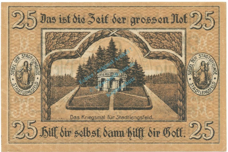 Stadtlengsfeld , Notgeld 25 Pfennig Schein unc-kfr. Ti.7055.05.50-55 TH 1919 Verkehrsausgabe -4275-