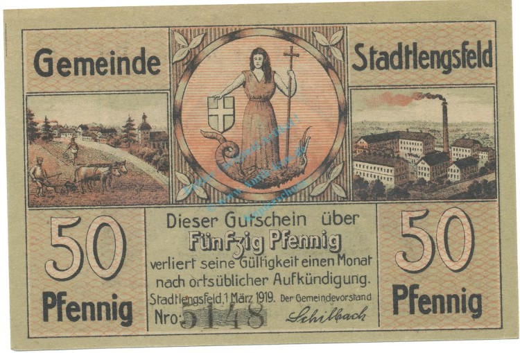 Stadtlengsfeld , Notgeld 50 Pfennig Schein unc-kfr. Ti.7055.05.51-56 TH 1919 Verkehrsausgabe -4276-