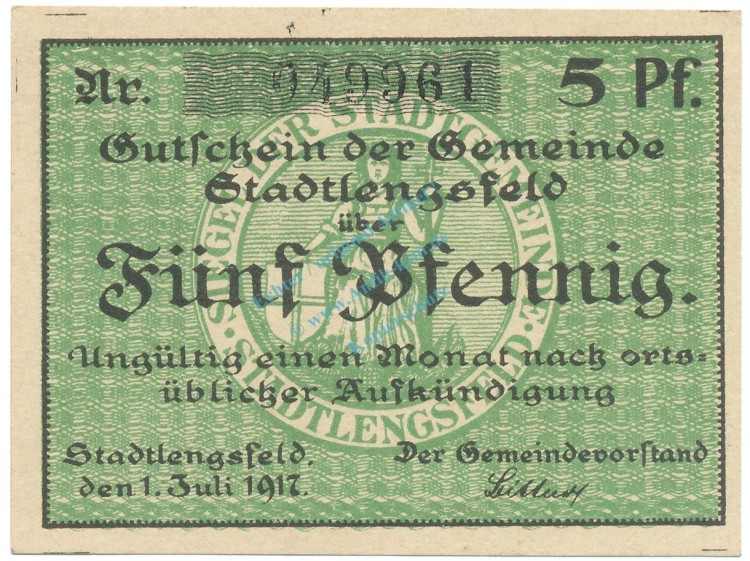 Stadtlengsfeld , Notgeld 5 Pfennig Schein unc-kfr. Ti.7055.05.10 TH 1917 Verkehrsausgabe -4281-