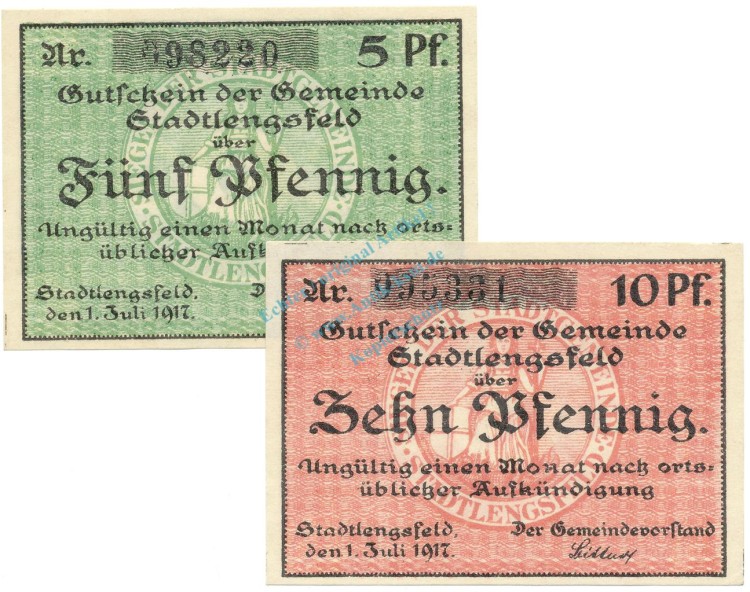 Stadtlengsfeld , Notgeld Set 2 Scheine unc-kfr. Ti.7055.05.15-16 TH 1917 Verkehrsausgabe -4278-
