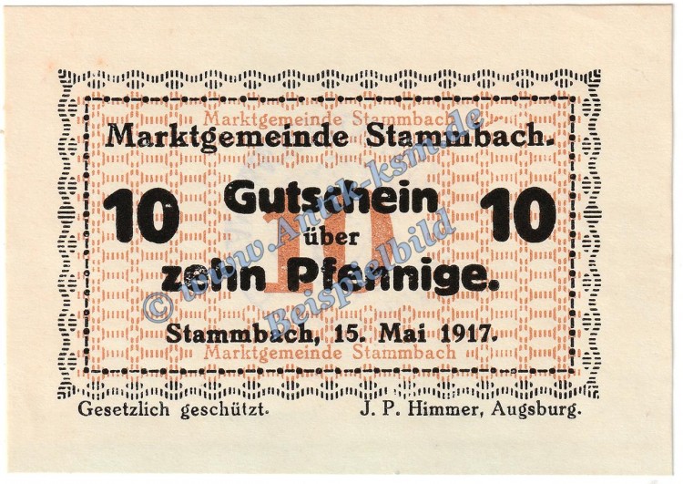 Stammbach , Notgeld 10 Pfennig -78x55- in kfr. Tieste 7070.05.36 , Bayern 1917 Verkehrsausgabe