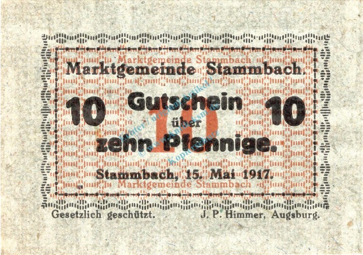Stammbach , Notgeld 10 Pfennig Schein unc-kfr. Ti.7070.05.20 Bayern 1917 Verkehrsausgabe