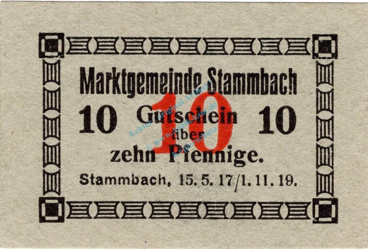 Stammbach , Notgeld 10 Pfennig Schein unc-kfr. Ti.7070.05.71 Bayern o.D. Verkehrsausgabe