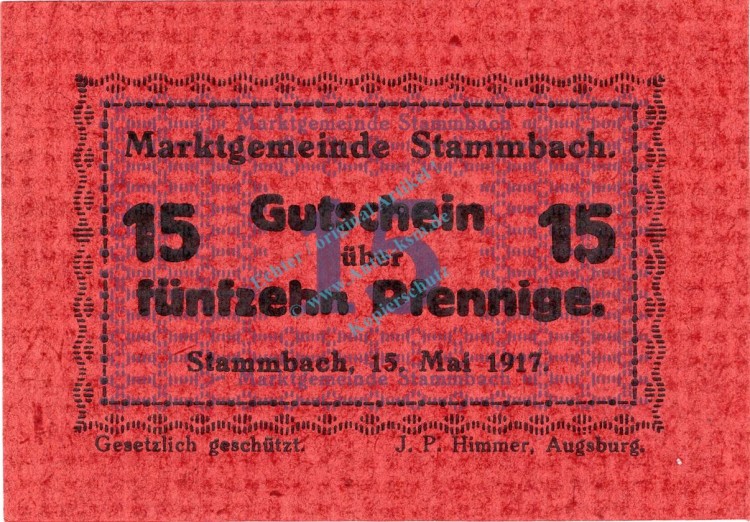 Stammbach , Notgeld 15 Pfennig Schein unc-kfr. Ti.7070.05.11 Bayern o.D. Verkehrsausgabe