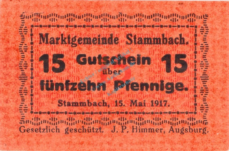 Stammbach , Notgeld 15 Pfennig Schein unc-kfr. Ti.7070.05.42 Bayern o.D. Verkehrsausgabe