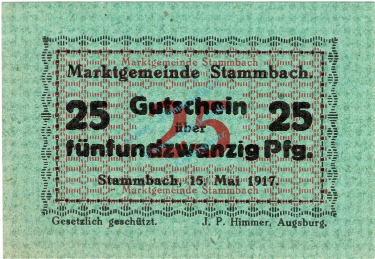 Stammbach , Notgeld 25 Pfennig Schein unc-kfr. Ti.7070.05.12 Bayern o.D. Verkehrsausgabe