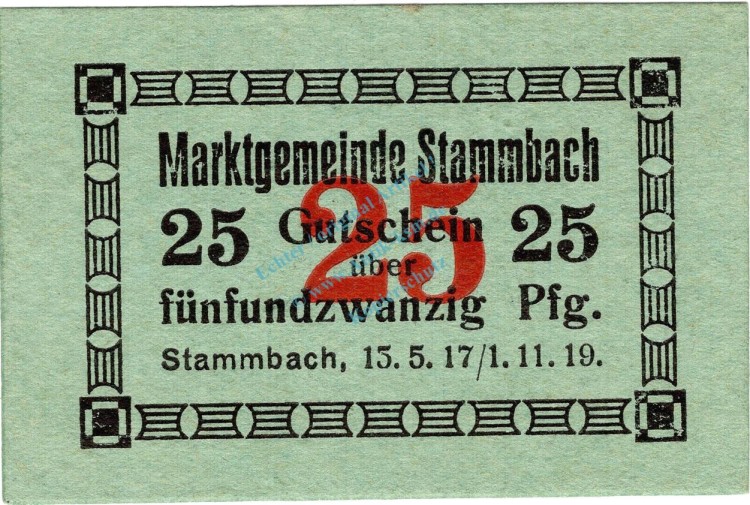 Stammbach , Notgeld 25 Pfennig Schein unc-kfr. Ti.7070.05.53 Bayern o.D. Verkehrsausgabe