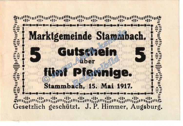 Stammbach , Notgeld 5 Pfennig -60x40- in kfr. Tieste 7070.05.45 , Bayern 1917 Verkehrsausgabe