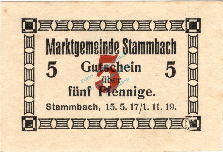 Stammbach , Notgeld 5 Pfennig Schein unc-kfr. Ti.7070.05.70 Bayern o.D. Verkehrsausgabe