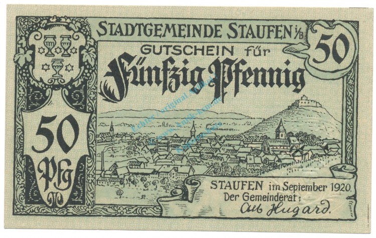Staufen , Notgeld 50 Pfennig Schein unc-kfr. Ti.7095.05.05 BAD 1920 Verkehrsausgabe -4305-