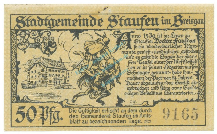 Staufen , Notgeld 50 Pfennig Schein unc-kfr. Ti.7095.05.05 BAD 1920 Verkehrsausgabe -4305-