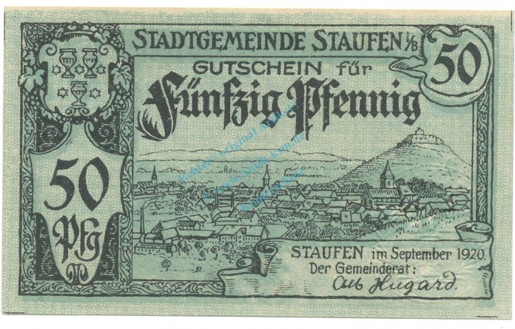 Staufen , Notgeld 50 Pfennig Schein unc-kfr. Ti.7095.05.10 BAD 1920 Verkehrsausgabe -4306-