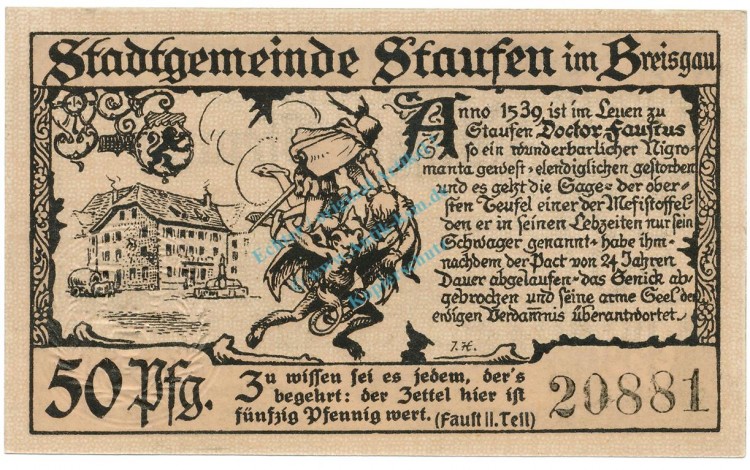 Staufen , Notgeld 50 Pfennig Schein unc-kfr. Ti.7095.05.10 BAD 1920 Verkehrsausgabe -4306-