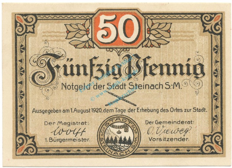 Steinach , Notgeld 50 Pfennig Schein unc-kfr. Ti.7110.05.20 TH 1920 Verkehrsausgabe -4304-