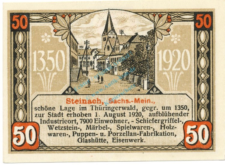 Steinach , Notgeld 50 Pfennig Schein unc-kfr. Ti.7110.05.20 TH 1920 Verkehrsausgabe -4304-