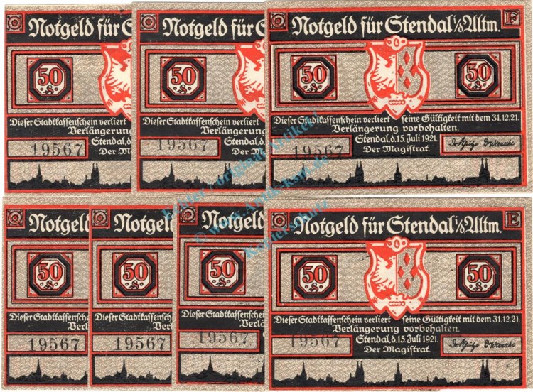 Stendal , Notgeld Set -- 7 x Nummerngleich -- unc-kfr. M-G 1267.1 , Sachsen Anhalt 1921 Seriennotgeld