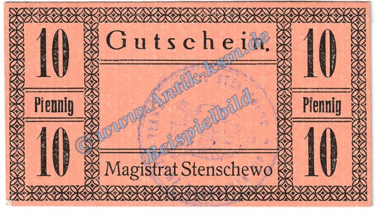 Stenschewo , Notgeld 10 Pfennig Schein in kfr. Tieste 7135.05.02 , Posen o.D. Verkehrsausgabe