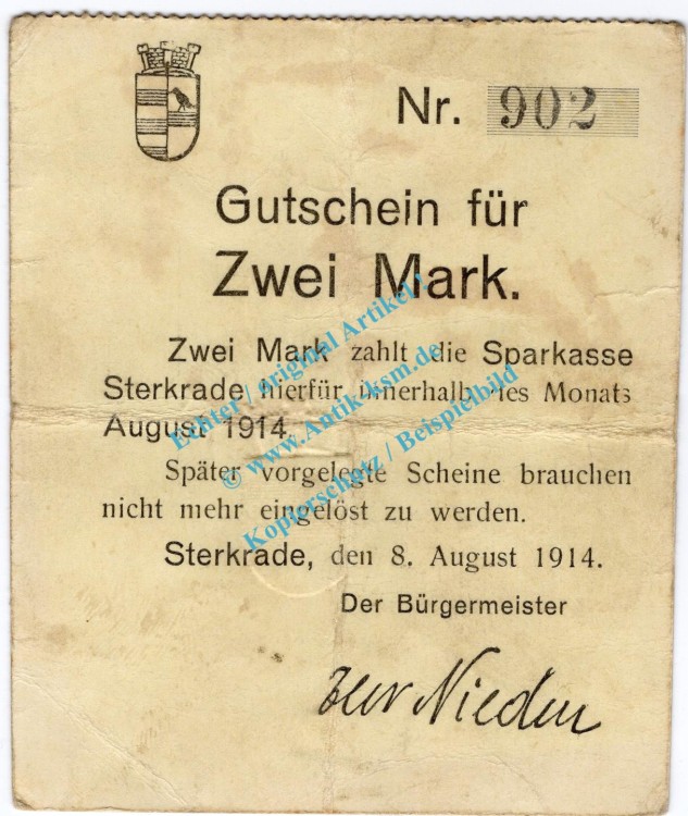 Sterkrade , Notgeld 2 Mark Schein in gbr. Diessner 380.2.b , Rheinland 1914 Notgeld 1914-15