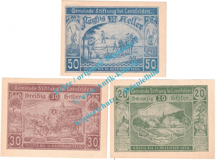 Stiftung b.L. Notgeld Set mit 3 Scheinen in kfr. K-K 1037.a , Oberösterreich 1920