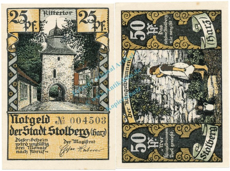 Stolberg , Notgeld Set mit 2 Scheinen unc-kfr. M-G 1273.1.f , SA o.D. Seriennotgeld -5735-