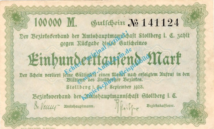Stollberg , Notgeld 100.000 Mark Schein in L-gbr. Bühn 6840.30.b , Sachsen 1923 InflationStollberg , Notgeld 100.000 Mark Schein in L-gbr. Bühn 6840.30.b , Sachsen 1923 Inflation