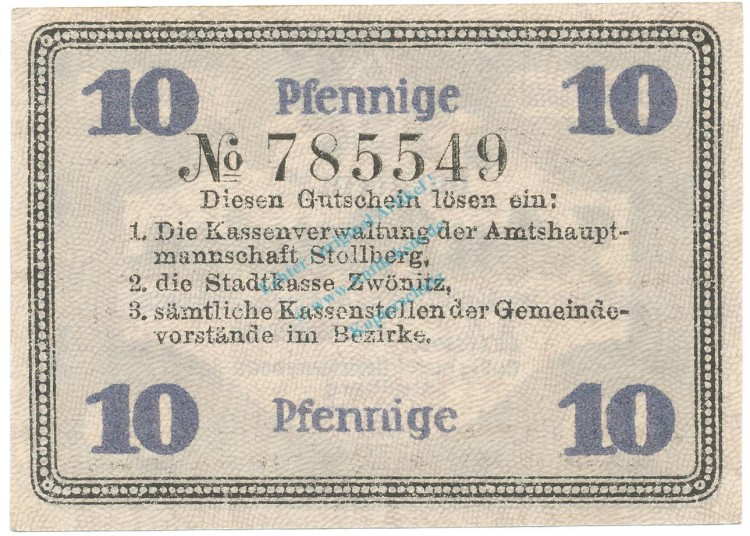 Stollberg , Notgeld 10 Pfennig Schein unc-kfr. Ti.7155.05.15 S 1920 Verkehrsausgabe -4264-
