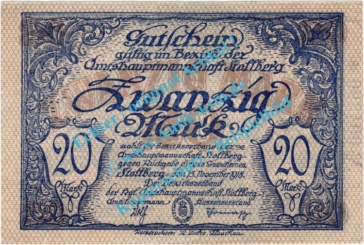 Stollberg , Notgeld 20 Mark in gbr. Geiger 511.02.b , Großnotgeld 1918 Sachsen
