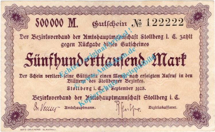 Stollberg , Notgeld 500.000 Mark Schein in L-gbr. Bühn 6840.31 , Sachsen 1923 InflationStollberg , Notgeld 500.000 Mark Schein in L-gbr. Bühn 6840.31 , Sachsen 1923 Inflation