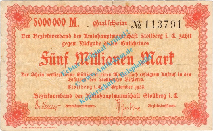 Stollberg , Notgeld 5 Millionen Mark Schein in gbr. Bühn 6840.34 , Sachsen 1923 Inflation