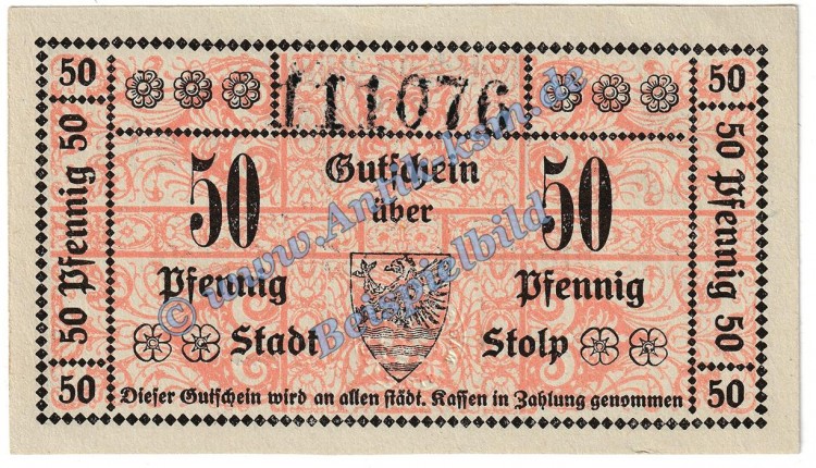 Stolp , Notgeld 50 Pfennig -3.Aufl- in kfr. Tieste 7160.05.25-30 , Pommern 1918 Verkehrsausgabe