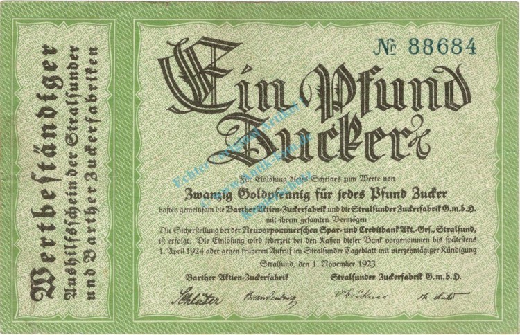 Stralsund , Banknote 1 Pfund Zucker Schein in gbr. Müller 4805.1 Mecklenburg 1923 WertbeständigStralsund , Banknote 1 Pfund Zucker Schein in gbr. Müller 4805.1 Mecklenburg 1923 Wertbeständig