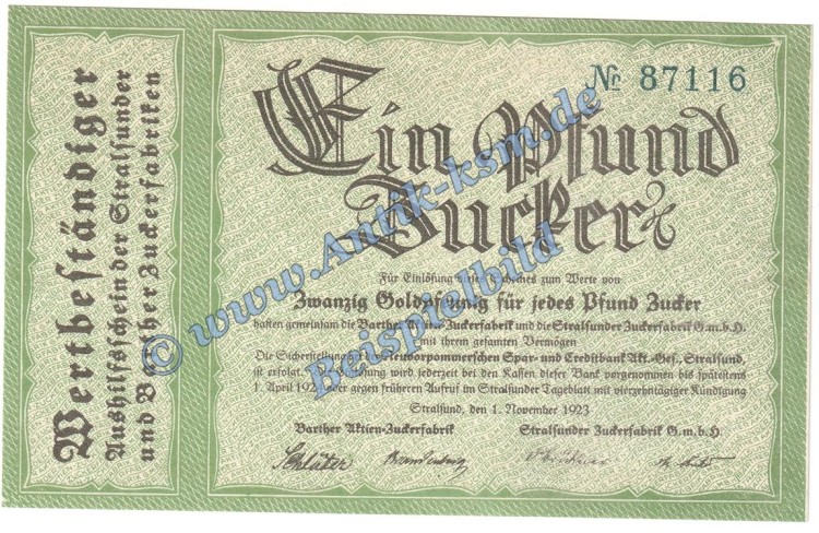 Stralsund , Banknote 1 Pfund Zucker Schein in kfr. Müller 4805.1 Wertbeständig 1923 Mecklenburg Vorpommern