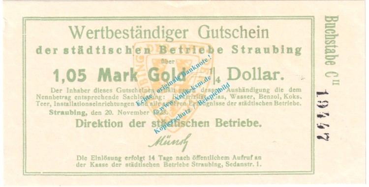 Straubing , 1,05 Gold Mark Notgeld Schein in kfr. Müller 4815.3 , Bayern 1923 Wertbeständig