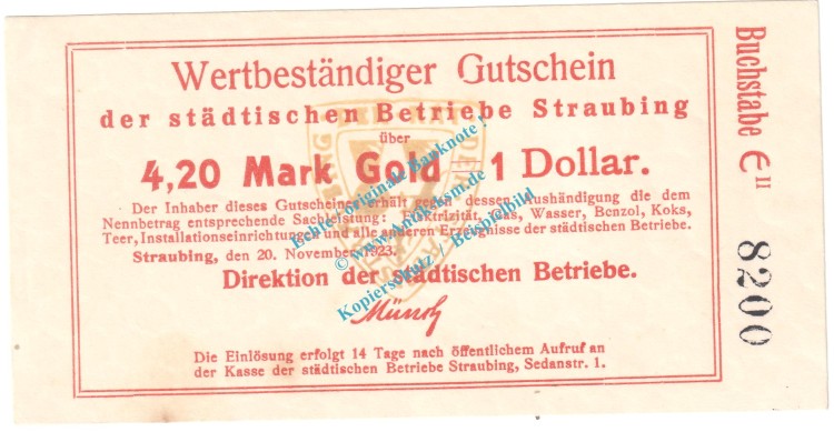 Straubing , 4,20 Gold Mark Notgeld Schein in kfr. Müller 4815.5 , Bayern 1923 Wertbeständig