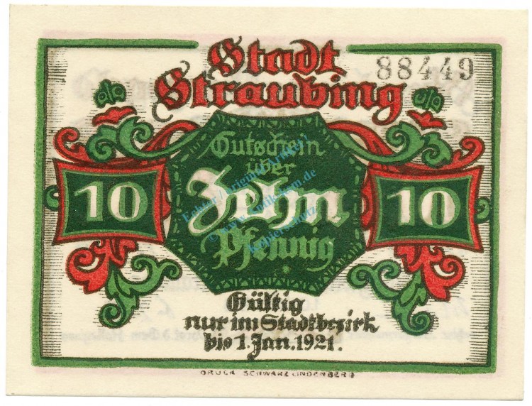 Straubing , Notgeld 10 Pfennig Schein unc-kfr. Ti.7180.05.15 BAY 1918 Verkehrsausgabe -4296-