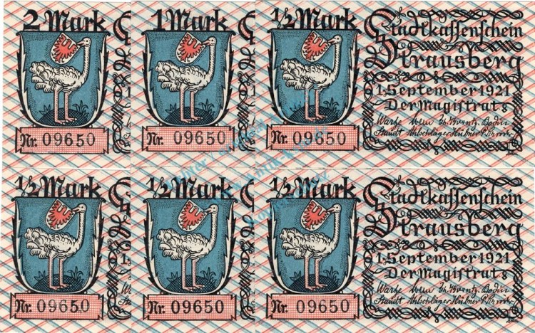 Strausberg , Notgeld Set --6x Nummerngleich-- unc-kfr. M-G 1281.1 , Brandenburg 1921 Seriennotgeld