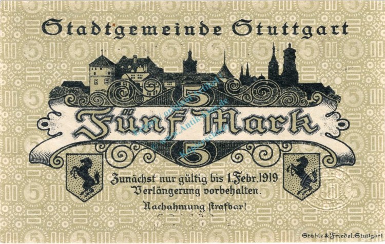 Stuttgart , Banknote 5 Mark Schein unc-kfr. Geiger 515.01.b , Würrtemberg 1919 Grossnotgeld